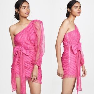 Pink lace asymmetrical one sleeve bow dress by For Love & Lemons